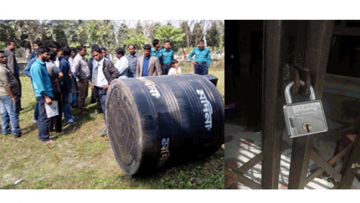 পানির ট্যাংক পড়ে শিক্ষার্থী আহত (ডানে) এবং তালাবদ্ধ একাডেমিক ভবন (বামে)