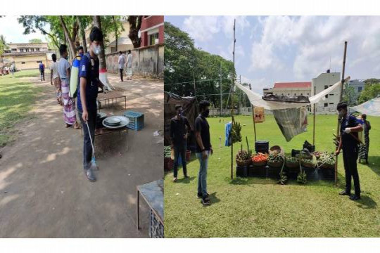 জীবানুনাশক স্প্রে ও দূরত্ব নির্ধারক চিহ্ন আঁকছে টিম এসবিসিসি