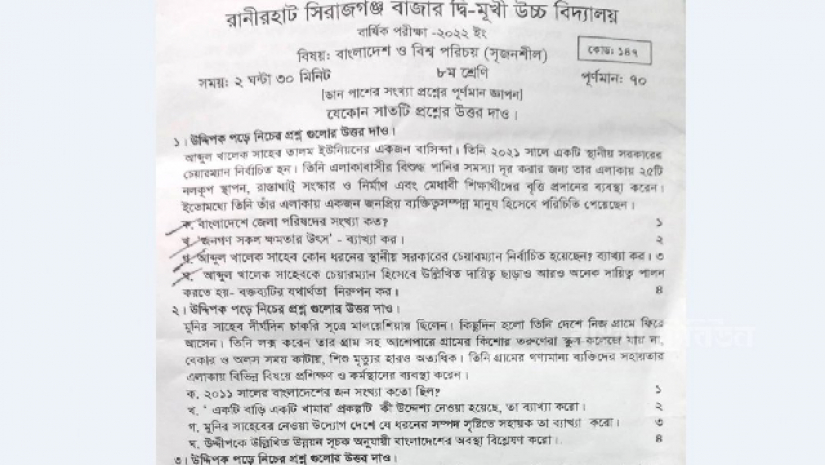 বিদ্যালয়ের সৃজনশীল প্রশ্নে স্থানীয় চেয়ারম্যানের প্রশংসা