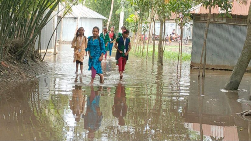 বন্যার পানি মাড়িয়ে স্কুলে যাচ্ছে চরাঞ্চলের শিশুরা