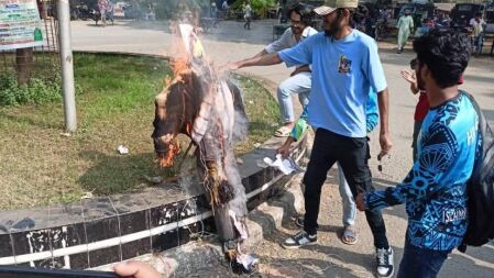 শিক্ষক অপসারণের দাবিতে ইবি শিক্ষার্থীদের বিক্ষোভ, কুশপুত্তলিকা দাহ